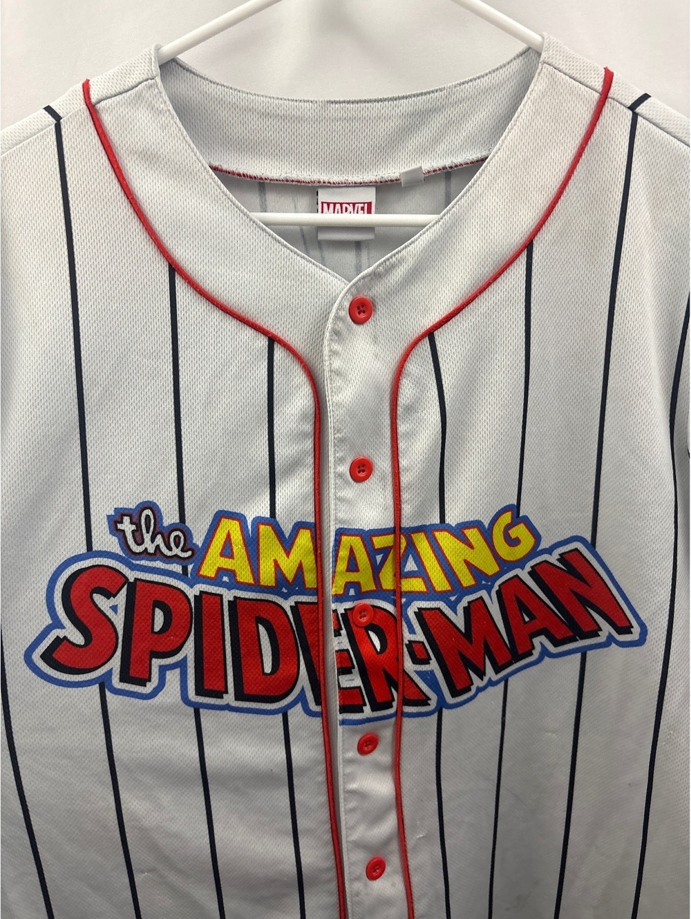 Marvel The Amazing Spiderman Mens White Pinstripe Baseball Jersey XL - Picture 2 of 9